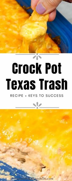 a blue casserole dish with cheese being scooped from it and the title text reads texas trash bean dip recipe keys to success