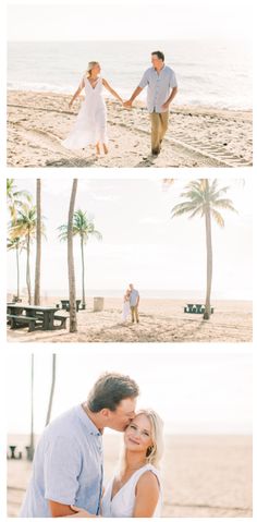 a couple holding hands and walking on the beach with palm trees in the background at sunset