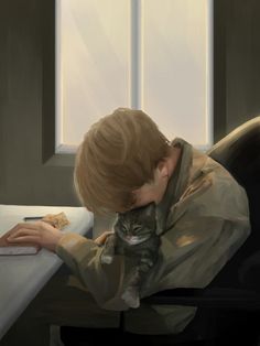 a painting of a boy sitting at a desk with a cat on his lap looking down