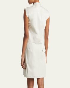 Proenza Schouler "Erica" dress cut from a stretch cotton twill suiting fabrication with raw trim     Band collar; hidden button placket    Chest flap pockets    Sleeveless    Yoked back    Back flap pocket    Hem falls above the knee    Sheath silhouette    Cotton/elastane    Dry clean    Made in Portugal Chic Sleeveless Work Dress With Pockets, Formal Cotton Dresses With Pockets, Elegant Fitted Sleeveless Dress With Pockets, Classic Sleeveless Dress With Pockets, Tailored Office Dress With Pockets, Sleeveless Workwear Dresses With Slip Pockets, Knee-length Sleeveless Dress With Pockets For Work, Fitted Sleeveless Knee-length Dress With Pockets, Tailored Workwear Dress With Pockets