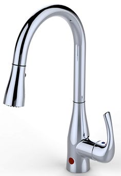 a kitchen faucet with chrome finish on the side and an angled spout