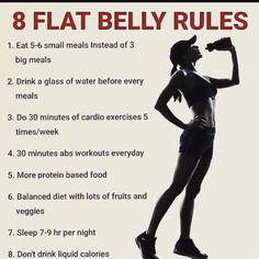 a woman standing in front of a white background drinking from a bottle with the words 8 flat belly rules on it