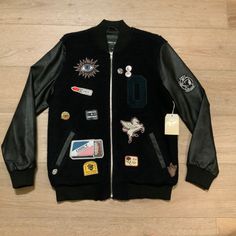 Nwt! Obey Women’s Vacancy Varsity Jacket Bomber Style Jacket With Elastic Ribbing At The Sleeve Cuffs, Bottom Hem And At The Neck Lining. Assortment Of Embroidered Patches And Pins On Front. Faux Leather Sleeves. Two Front Hand Pockets. Body Shell: 70% Polyester, 30% Wool Sleeves Shell: 100% Polyurethane; Lining: 100% Polyester Trendy Streetwear Outerwear With Logo Patch, Casual Winter Outerwear With Patches, Casual College Outerwear With Patches, Varsity Outerwear With Patches And Long Sleeves, Varsity Style Outerwear With Patches And Long Sleeve, Black Outerwear With Patches For College, Winter Varsity Style Outerwear For Work, Black College Outerwear With Patches, Black Varsity Outerwear With Patches