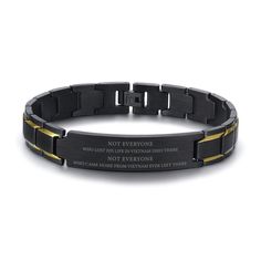 men's black and gold stainless steel bracelet with engraved quote on the front side