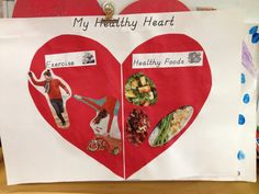 a heart shaped paper cutout with pictures of people and food on it that says, my healthy heart