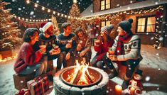 a group of people sitting around a fire pit with christmas lights on the tree in the background