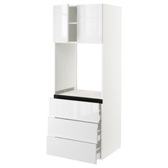 a white cabinet with two drawers and a black top on the bottom shelf is shown