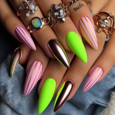 Miami Inspired Nails, Glam Rock Nails, Pink And Green Nails Design, Eclectic Nails, Nails Latina, Bad And Boujee Nails, Boujee Nails, Wife Nails, Latina Nails