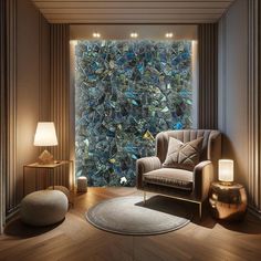 a living room filled with furniture and walls covered in blue glass mosaic tiles on the wall