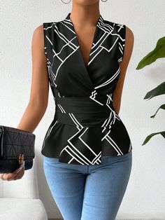 Black Elegant Collar Sleeveless Woven Fabric Colorblock,Striped Peplum Embellished Non-Stretch  Women Clothing Printed Women Shirts, V Neck Tops For Women, Print Shirts Women, Fashion Show Dresses, Mexican Fashion, Beautiful Casual Dresses, Sewing Clothes Women, Stylish Jumpsuit, Corporate Fashion