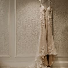 two wedding dresses hanging on a hanger in front of a wallpapered background