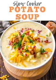 this slow cooker potato soup is loaded with cheese and bacon