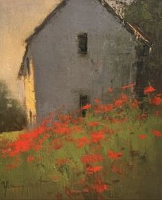 an oil painting of a blue barn with red flowers in the foreground and green grass on the far side