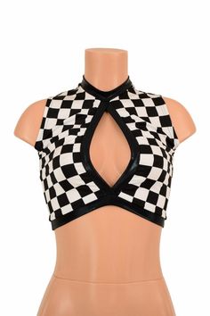 "This item is made to order, please read all the way through the listing before purchasing! This crop top is made from four way stretch lycra spandex in uv glow black and white checkered print Black mystique metallic fabric accents around the middle opening, neckline, and hemline. It features a keyhole design in front, with a high back, and fits like a glove! TOP LENGTH: Underarm to hemline measures 8\" Womens Sizing (See below for instructions on where measurements should be taken) XXS: Bust 29 Glove Top, Striper Outfits, Wwe Outfits, Top Cosplay, Art Outfit, Cute Dress Outfits, Party Pants, Metallic Fabric, Cute Dresses