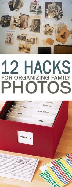 the cover of 12 hacks for organizing family photos, with an open file box