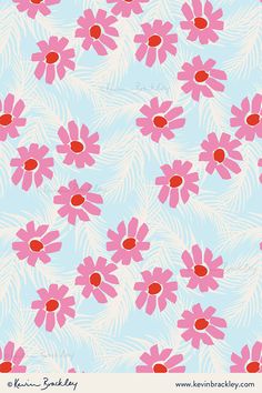 pink daisies and palm leaves on a light blue background with red dots in the center