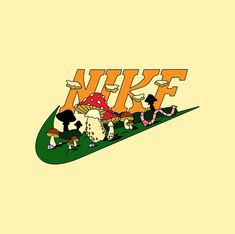 the nike logo with mushrooms and people on it, in front of a yellow background