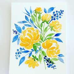 a watercolor painting of yellow and blue flowers