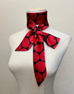 "Skinny neck tie, double layered, all Silk, hand cut and tailor made.  Color: Scarlet polka black  All silk  2\"X59\" Care directions: Hand wash, lay flat on towel to dry." Choker Scarf, Bridesmaid Scarves, Tie Pillows, Cap Veil, Women Necktie, Black Hair Bows, Ribbon Choker, Silk Scarf Hair, Tie For Women