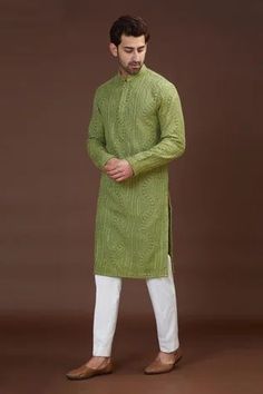 Shop for Kasbah Green Silk Embroidered Kurta for Men Online at Aza Fashions Mens Kurta Models, Mehendi Kurta For Groom, Colorful Kurta For Men, Mehandi Kurta For Men, Mehandi Outfit For Groom, Men Mehendi Outfits, Kurta Pants Men, Mens Mehndi Outfit, Green Kurta Men Weddings