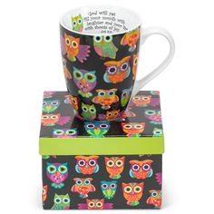 an owl themed coffee cup sits on top of a box with the words, you will always