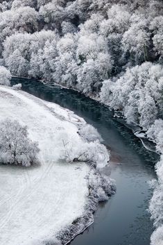 an aerial view of a river running through a snow covered forest with lots of trees