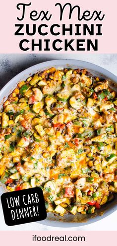 a close up of a pizza in a pan with the words tex mex zucchini chicken on it