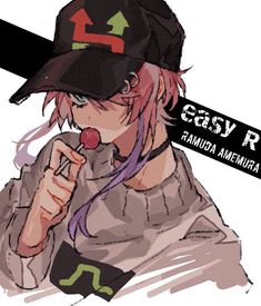 an anime character wearing a baseball cap and holding a microphone with the words easy r on it