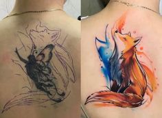 two different tattoos on the back of women's bodies, one with a fox and another with a bird