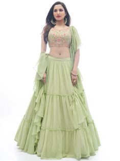 Gorgeous Pastel Green Frill Work Georgette Event Wear Lehenga Choli Frill Lehenga, Outfits For Mehendi Function, Frilled Lehenga, Mehndi Color Lehenga, Pastel Color Lehenga Colour Combinations, Semi-stitched Green Choli For Party, Fitted Green Georgette Choli, Outfit For Mehendi Function, Unstitched Pista Green Georgette Choli