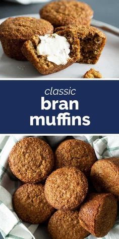 some muffins are sitting on a plate with the words classic bran muffins