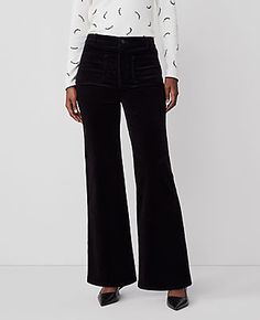 Our patch pocket corduroy flare pant is a modern must-have with a perfect drape and high waist that endlessly flatters. Front zip with button closure. Belt loops. Front and back patch pockets.,Leg Shape:Leg Shape: Flare - a flattering high rise and lean fit that flares at the knee,Rise:High rise: sits 1/2" to 1" below natural waist,Imported:Imported,Fit:Relaxed & easy,Fabrication:98% Cotton, 2% Spandex,Garment Care:Machine Washable The Patch Pocket Corduroy Flare Pant by Ann Taylor Size regular Black Wide Leg Corduroy Pants, Fall Velvet Flare Bottoms, Black Corduroy Bottoms For Fall, Fitted Black Corduroy Bottoms, Fitted Black Corduroy Pants, Corduroy Pants Women, Flare Pant, Blazer And Skirt, Sleepwear & Loungewear