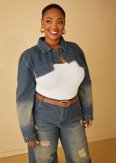 This denim jacket combines edgy style with a cropped silhouette for a contemporary look. The distressed detailing adds a touch of chic rugged, while the bolero style offers a unique twist on the classic denim jacket. Trendy Cropped Denim Top, Dark Wash Cropped Denim Top For Fall, Cropped Dark Wash Denim Top For Fall, Chic Denim Cropped Jacket, Chic Cropped Denim Jacket, Fall Cropped Denim Top, Medium Wash Cropped Ripped Outerwear, Cropped Ripped Medium Wash Outerwear, Ripped Cropped Denim Outerwear