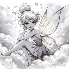 a drawing of a fairy sitting on top of clouds