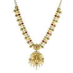 Adorn yourself with the elegance of gold temple jewelry craftsmanship by wearing this exquisite 22k gold and gemstone necklace by Virani Jewelers. Meticulously crafted with culture in mind, this radiant 22k gold necklace is a true masterpiece of temple jewelry. Indulge in the opulence of Virani's jewelry and elevate your ensemble with these gemstones.Features• 22k yellow gold• Emerald• Ruby• Pearl• Cubic zirconiaNecklace Specifications:• Minimum Width - 1.75 millimeters• Maximum Width - 53 milli Multicolor 22k Gold Temple Necklace For Gift, Gift Multicolor 22k Gold Temple Necklace, Multicolor 22k Gold Temple Necklace Gift, 22k Gold Temple Jewelry Necklaces, Multicolor 17 Jewels Temple Necklace, Multicolor Temple Necklace With 17 Jewels, Multicolor 22k Gold Necklaces For Celebration, Yellow Temple Jewelry Necklace For Wedding, Festive 22k Yellow Gold Emerald Necklace