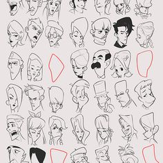 an animation character's head with different facial expressions and haircuts, including the face