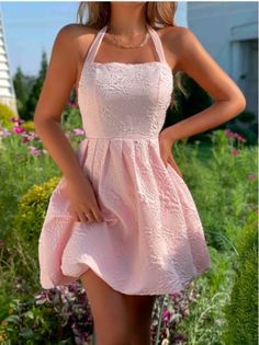 Baby Pink Textured Tie Backless Halter Dress Baby Pink Dresses, Pink Summer Dress, Shein Dress, Textured Dress, Grad Dresses, Vestidos Vintage, Halterneck Dress, Hoco Dresses, Dance Dresses