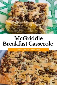 two pictures of breakfast casserole on a plate with text overlay that reads, mcgridle breakfast casserole low carb and gluff