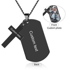 ★This personalized men's pendant necklace features two distinct pendants - a rectangular tag and a cross. The rectangular tag can be customized with a photo on the front, while the back can be engraved with personalized text. The cross pendant offers the option to engrave a significant date. ★Made from high-quality stainless steel, this necklace is durable and resistant to tarnish. The sleek black color adds a touch of sophistication and masculinity to the design. ★Whether it's a gift for your boyfriend, dad, or a dear friend, this customized pendant necklace offers a heartfelt and personal token of affection. The photo, engraved text, and date allow you to create a truly unique and meaningful piece of jewelry that holds sentimental value for the recipient. Necklace Detail: Chain Length :2 Personalized Black Cross Pendant Necklace, Engraved Black Cross Necklace As Gift, Engraved Black Cross Necklace For Gift, Gift Black Engraved Cross Necklace, Black Engraved Cross Necklace Gift, Personalized Black Dog Tag Necklaces, Black Dog Tag Necklaces For Personalized Gift, Personalized Black Dog Tag Necklace, Black Dog Tag Necklace For Personalized Gift