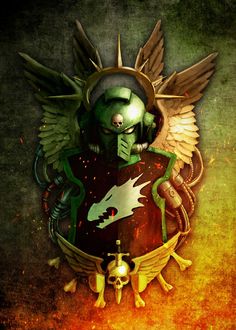 an image of a green alien holding a shield with wings on it's chest