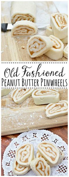 old fashioned peanut butter pinwheels on a doily with text overlay that reads old fashioned peanut butter pinwheels