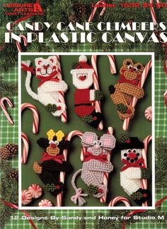 an advertisement for candy cane crochet christmas ornaments with santa claus and other holiday decorations