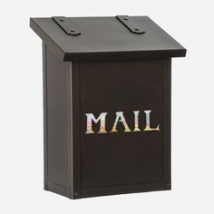 a mailbox with the word mail painted on it's front and side panels