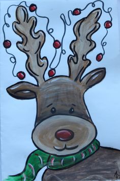 a drawing of a reindeer with red berries on its antlers and green scarf around his neck