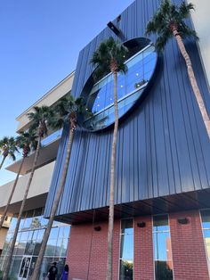 palm trees are in front of a building with a large clock on it's face