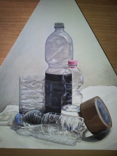 a painting of water bottles and other items on a white paper towel with a wooden table in the background