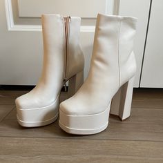 Never Worn! Bought From 12th Tribe In 2022. Size 7. Real Leather Sole White Chunky Platform Heels With Round Toe, White Heels With Chunky Platform And Round Toe, White Platform Heels Ankle-high, White Pointed Toe Platform Boots, White Chunky Platform High Heel Boots, White Platform Boots With Reinforced High Heel, White Synthetic Platform Boots With Pointed Toe, White Platform Boots With Pointed Toe And Reinforced Heel, White Platform Boots With Pointed Toe