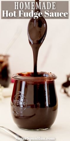 homemade hot fudge sauce being poured into a bowl