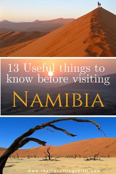 two pictures with the words namibia and nambia in front of some sand dunes, there is