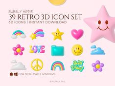 an image of a set of 3d icons and stickers on a pink background with the text bubbley hippie 89 retro icon set